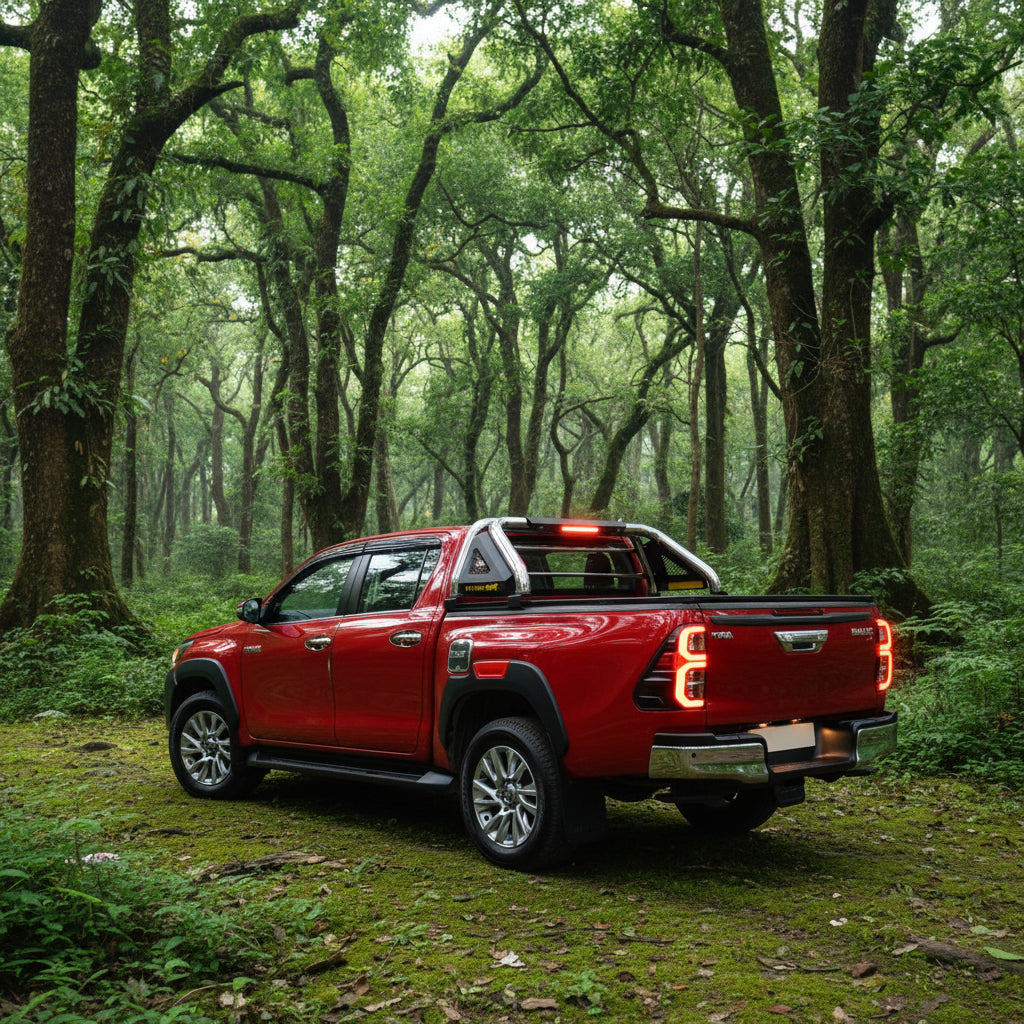 A red Toyota Hilux truck with a stainless steel roll bar installed on it.