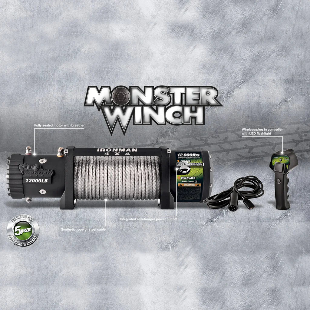 Ironman Monster Winch 12000 LB – 12V (with Synthetic Rope)