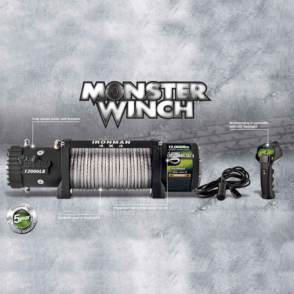 Ironman Monster Winch 12000 LB – 12V (with Synthetic Rope)