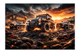 Off-road vehicles on a rocky terrain with a sunset sky and building in the background.