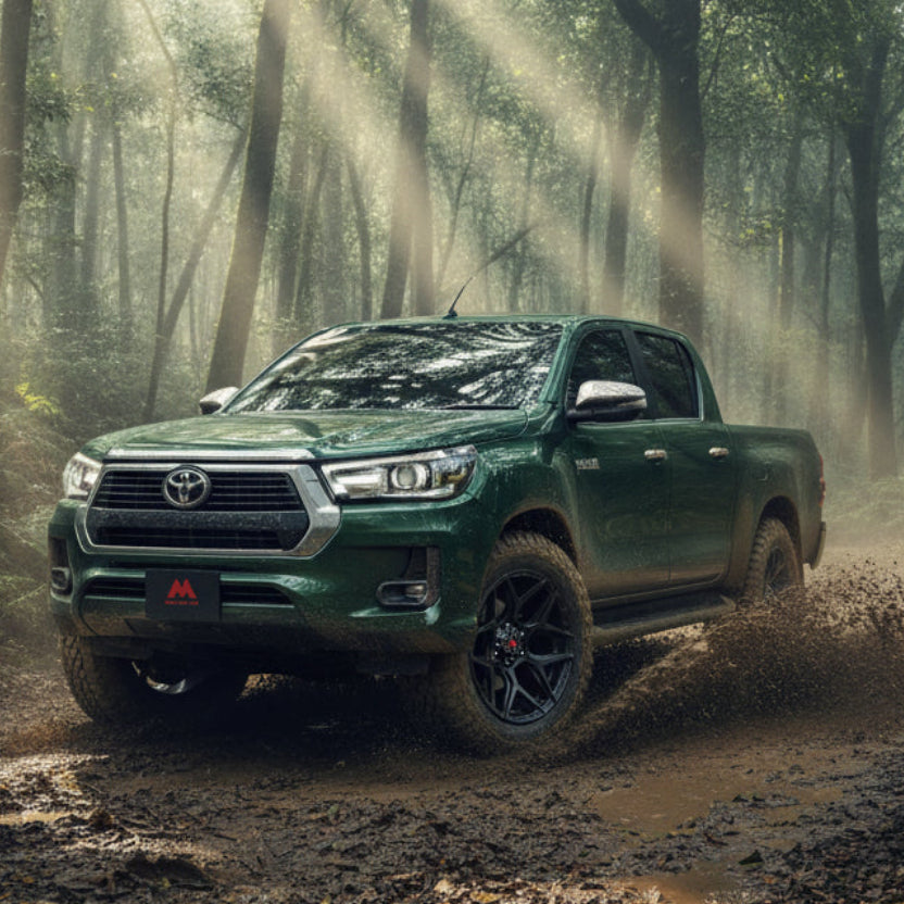 Green Toyota Hilux driving through a forest with sunlight filtering through the trees.