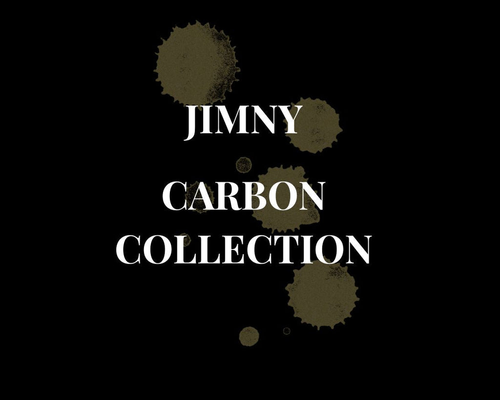 Text 'JIMNY CARBON COLLECTION' on a black background with brown circular patterns.